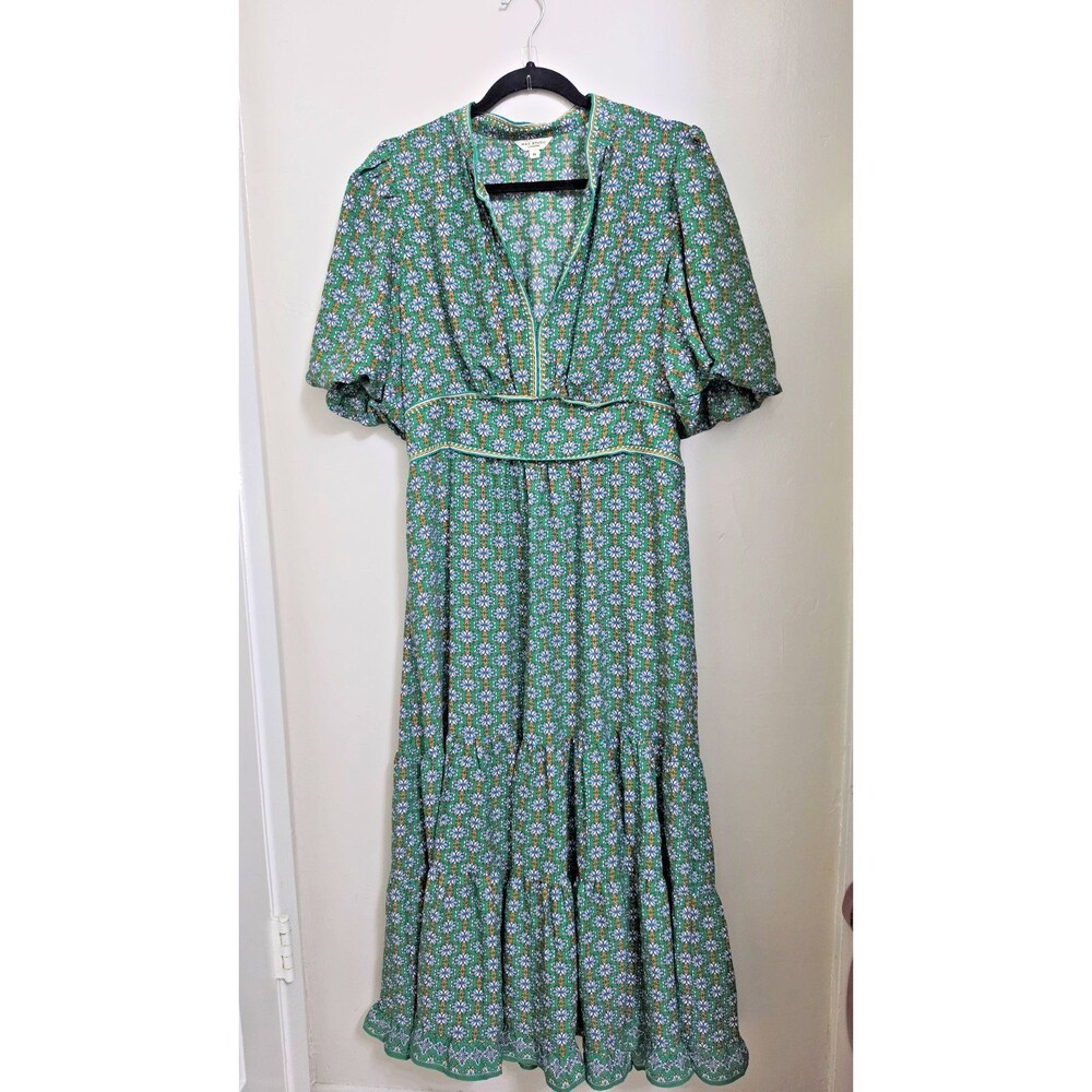 Max Studio Green Floral V-Neck Puff Short Sleeve Midi  Milkmaid Boho Dress XL